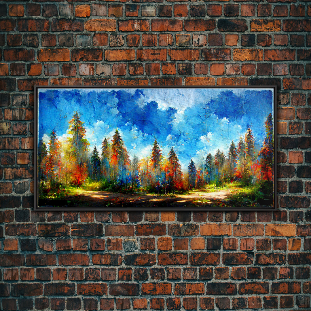 Beautiful Forest Sunset Oil Painting Canvas Print, Blue Skies and Fall Trees, Autumn, Ready to hang gallery wrapped nature canvas print