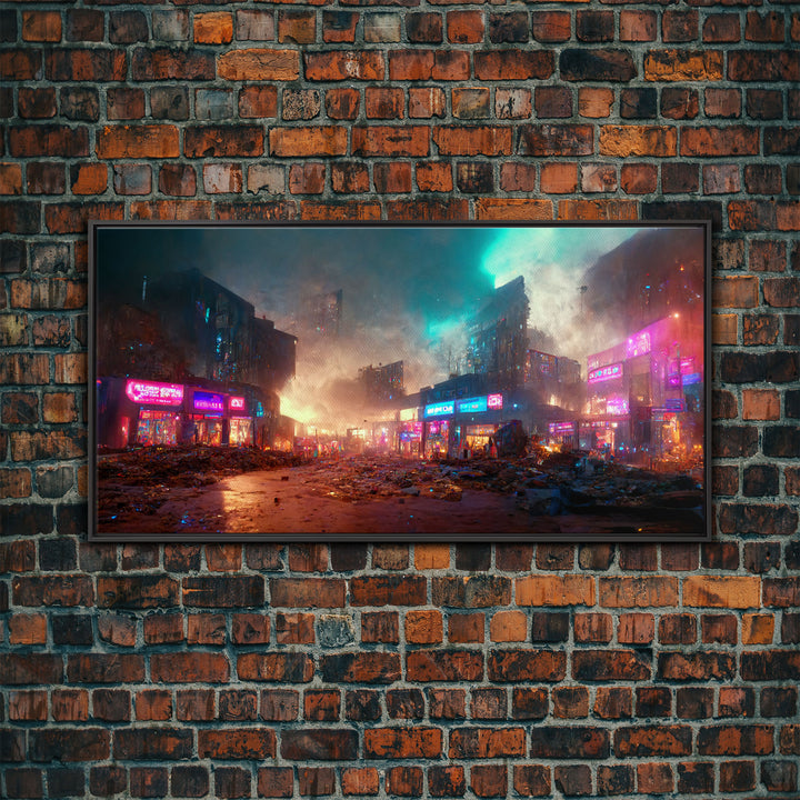 Destitute cyberpunk city with neon signs wall art, Bladerunner vibes art, synthwave style art, cool wall art