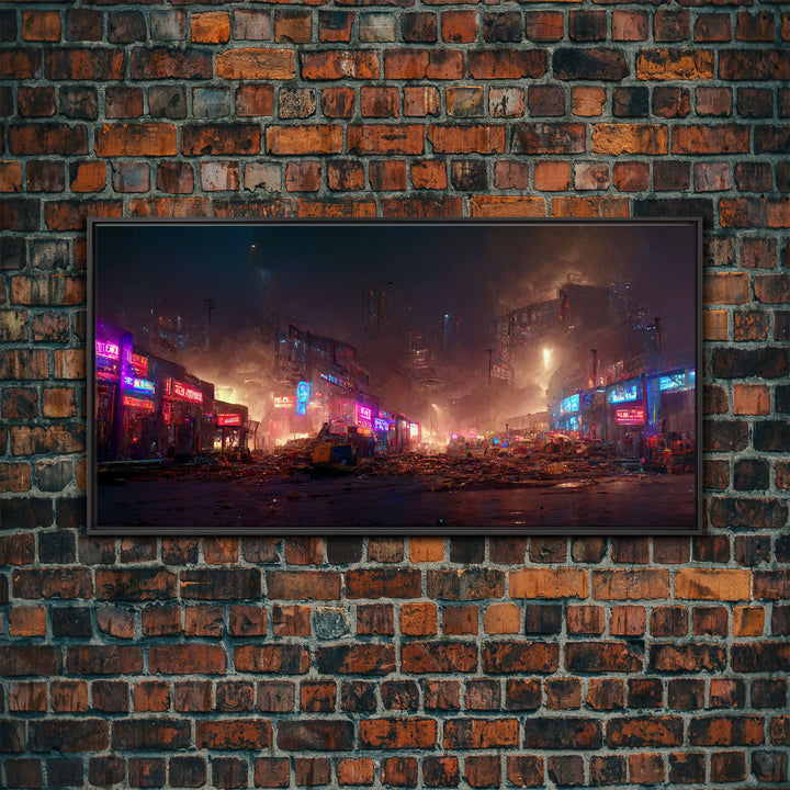 Destitute cyberpunk city with neon signs wall art, Bladerunner vibes art, synthwave style art, cool wall art