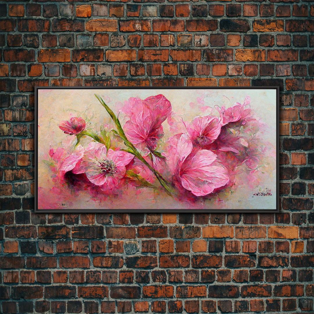 Pink flowers canvas print, oil painting style, living room wall art, guest room art, boho wall decor, floral pattern wall art