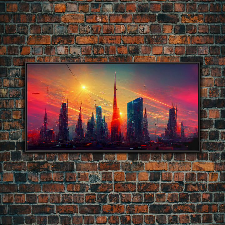 Dystopian Cyberpunk canvas print, cyber punk city at sunset, Bladerunner vibes art, synthwave style art, cool wall art, night city