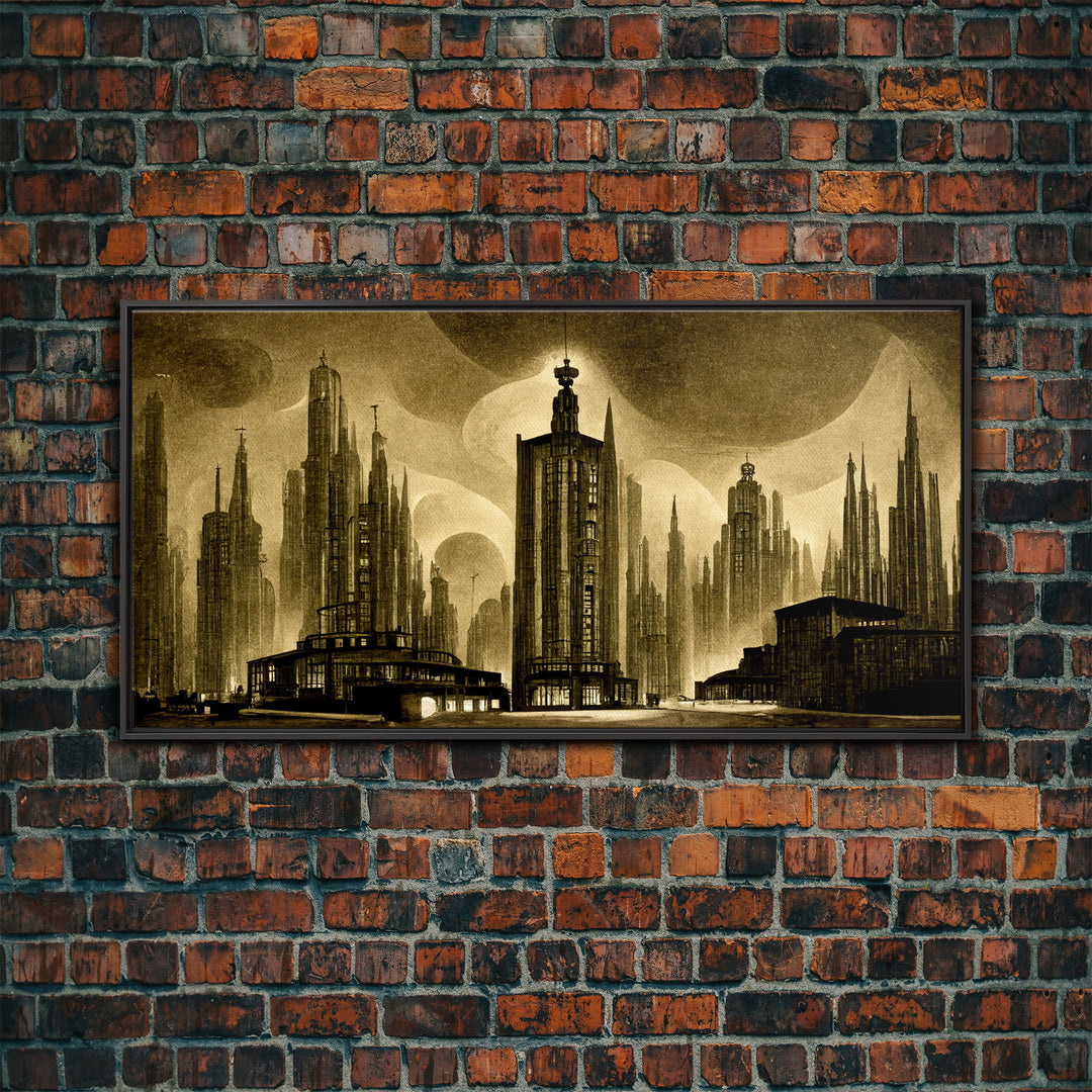 Dystopian Metropolis Art Deco Canvas Print, City Skyline, Fantasy Art, Art Deco Living Room Art, ready to hang wall art