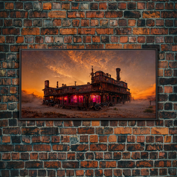 Dystopian steampunk wild west mashup, abandoned wild west saloon art, canvas print, ready to hang wall art