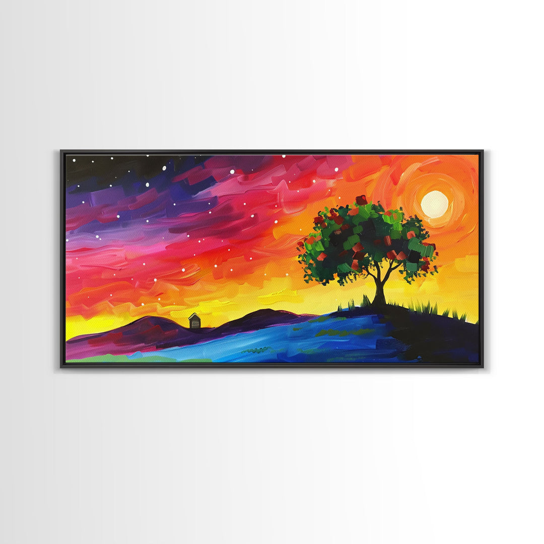 Vibrant Tree Under Starry Sky, Framed Canvas Print, Perfect for Living Room Art, Modern Home Decor, Colorful Bedroom Wall Art