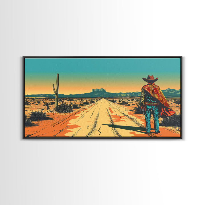 Western Cowboy in Desert Landscape, Rustic Wall Art, Framed Canvas Print, Boho Bedroom Decor, Vintage Home Decoration