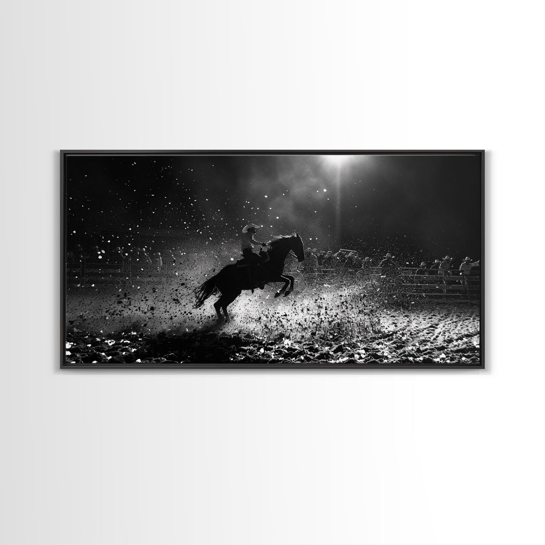 Action-Packed Rodeo Night Scene with Cowboy and Horse, Ideal for Framed Canvas Print, Living Room Wall Art, Perfect Bedroom Decor