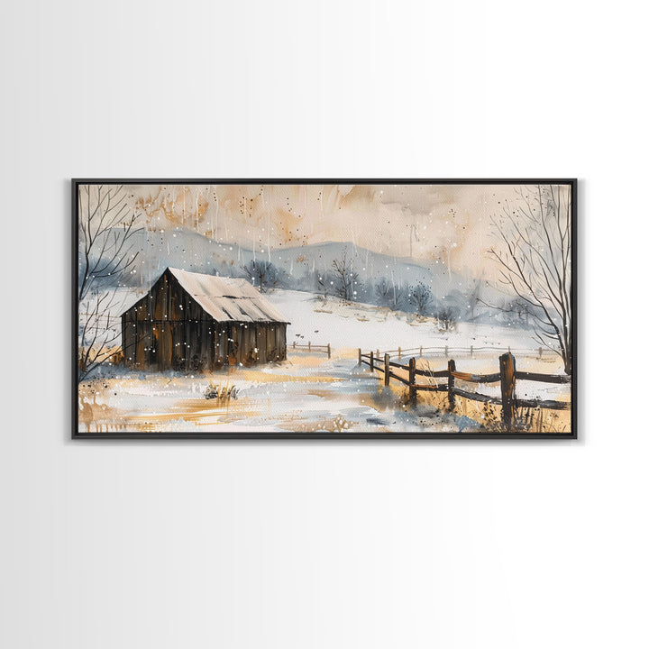 Snowy Barn in Winter Field, Framed Canvas Print, Rustic Wall Art, Living Room Decor, Farmhouse Style, Winter Landscape