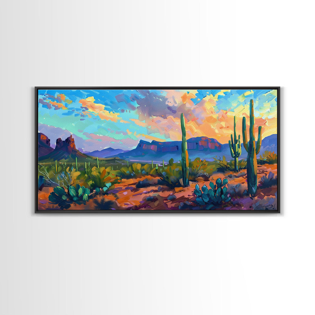 Desert Sunset with Cacti and Mountains, Abstract Southwestern Art, Framed Canvas Print, Rustic Boho Wall Decor, Living Room Art