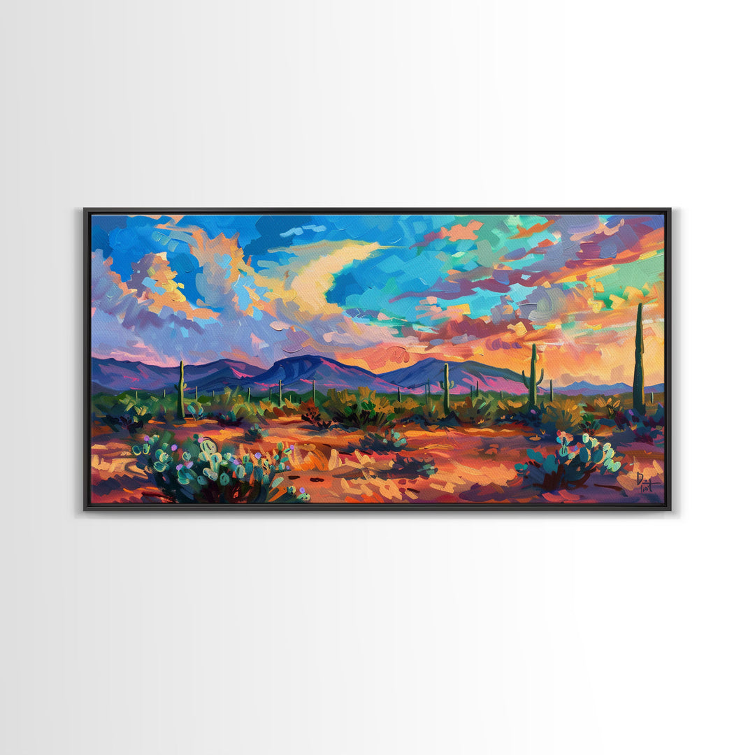 Vibrant Desert Sunset Landscape with Cacti, Framed Canvas Print for Living Room Art, Perfect for Boho and Southwestern Decor