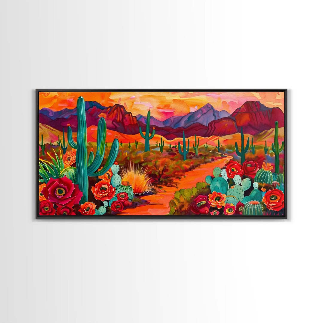 Vibrant desert scene with cacti and blooming flowers, Framed Canvas Print for boho living room, southwestern home decor art