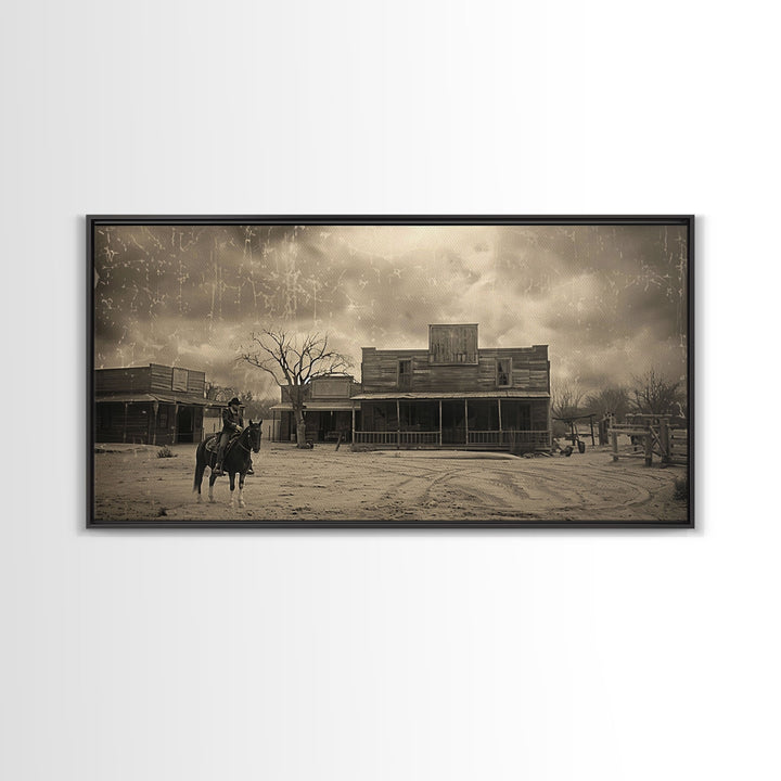 Cowboy Riding Through Old Western Town, Framed Canvas Print for Living Room Decor, Ideal Bedroom Wall Art, Vintage Western Scene