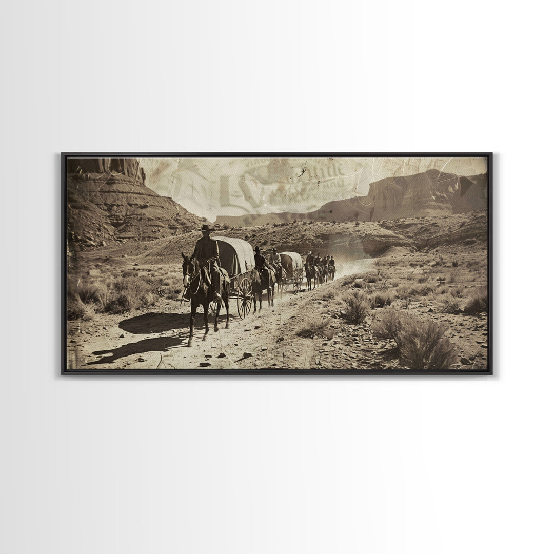 Western Wagon Trail through Desert Canyon, Framed Canvas Print for Farmhouse Living Room Wall Art, Vintage Home Decor, Rustic Scene