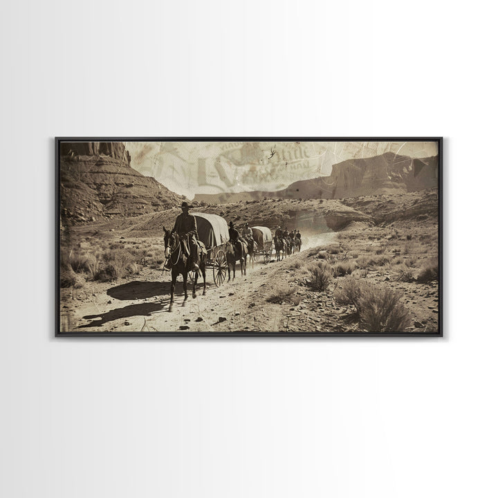 Western Wagon Trail through Desert Canyon, Framed Canvas Print for Farmhouse Living Room Wall Art, Vintage Home Decor, Rustic Scene