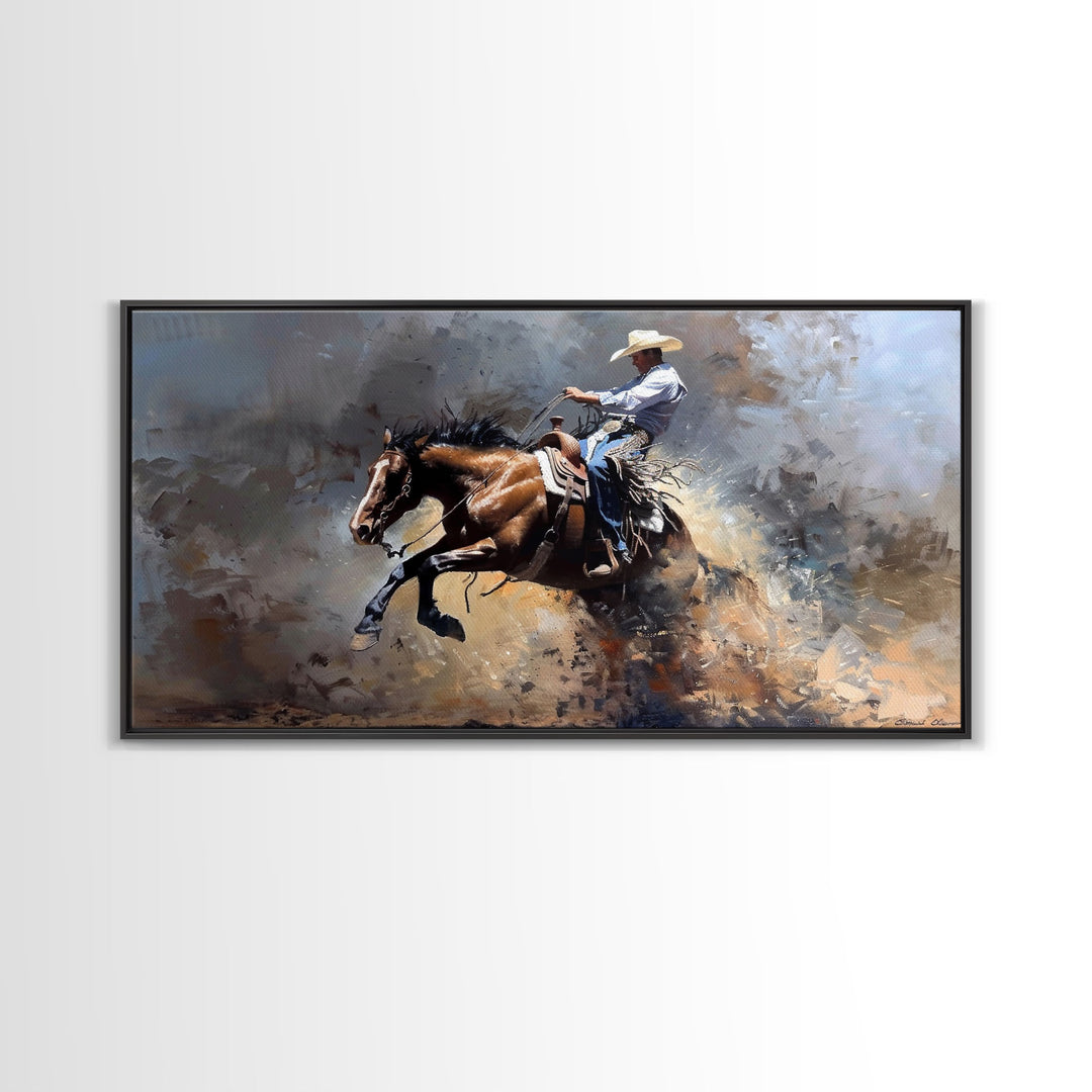 Intense Rodeo Bucking Horse and Cowboy, Vibrant Framed Canvas Print, Great for Western Living Room Art, Bedroom Decor, Rustic Home Wall Art