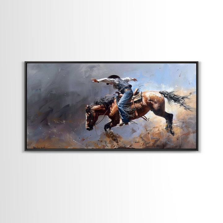 Powerful Rodeo Horse in Mid-Buck, Striking Framed Canvas Print, Perfect for Living Room Art, Western Bedroom Decor, Cowboy Wall Art