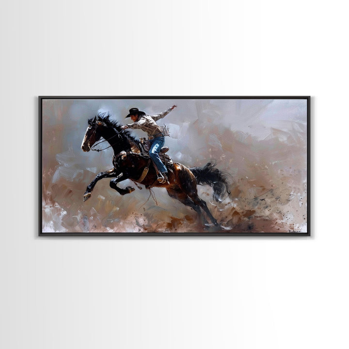 Action-Packed Rodeo Scene with Bucking Horse, Beautiful Framed Canvas Print, Western Living Room Art, Rustic Bedroom Decor, Wall Art