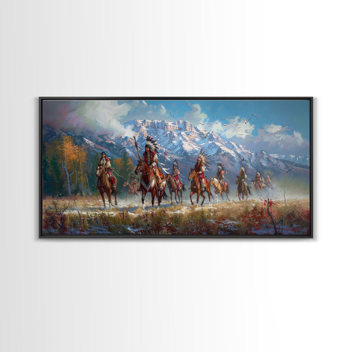 Native American Warriors Riding Through Snow-Capped Mountains, Ideal Wall Art, Framed Canvas Print Living Room Bedroom Decor, Historical Art