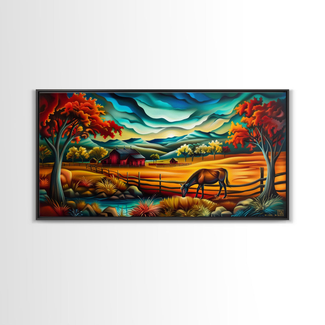 Abstract Colorful Farm Scene with Grazing Horse, Ideal Wall Art, Framed Canvas Print for Living Room or Bedroom Decor, Vibrant Nature Art