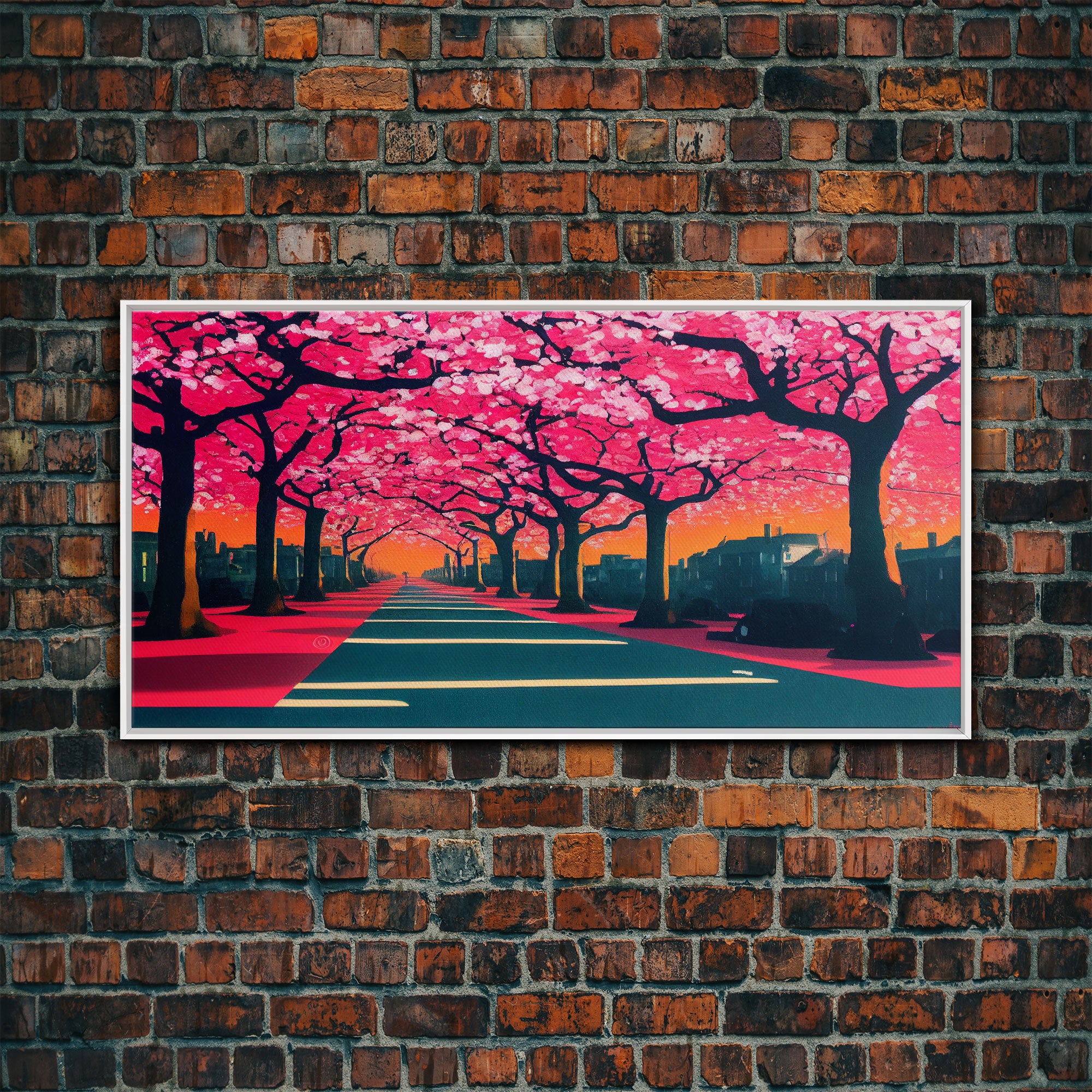 Street lined with Cherry Blossoms, Cherry Blossom Tree  Art, Framed Canvas Print, Ready To Hang Wall Art, Framed Wall Art