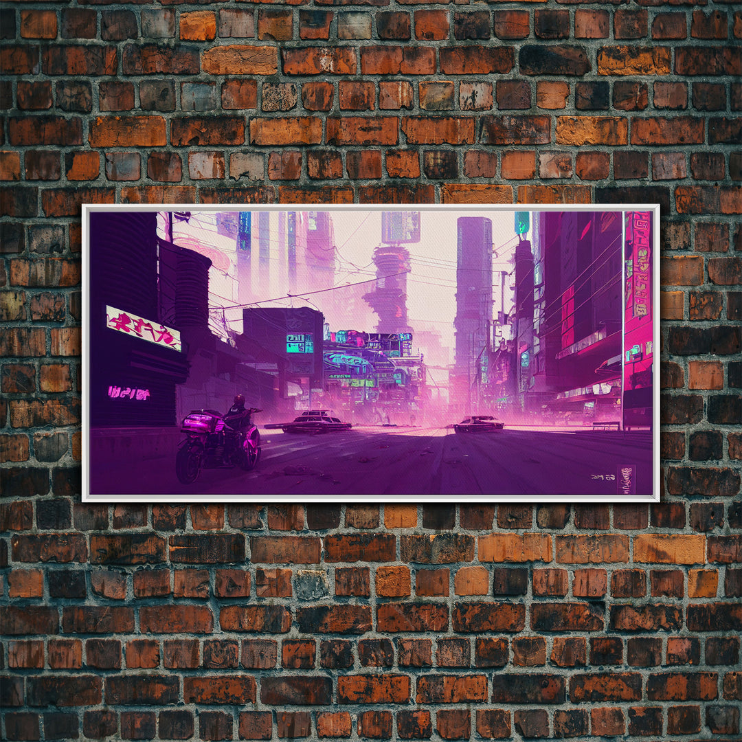 Cyberpunk Watercolor Tokyo Painting, Outrun Vibes Art, Wall Decor, Ready To Hang Framed Canvas Print, Oversize Wall Art