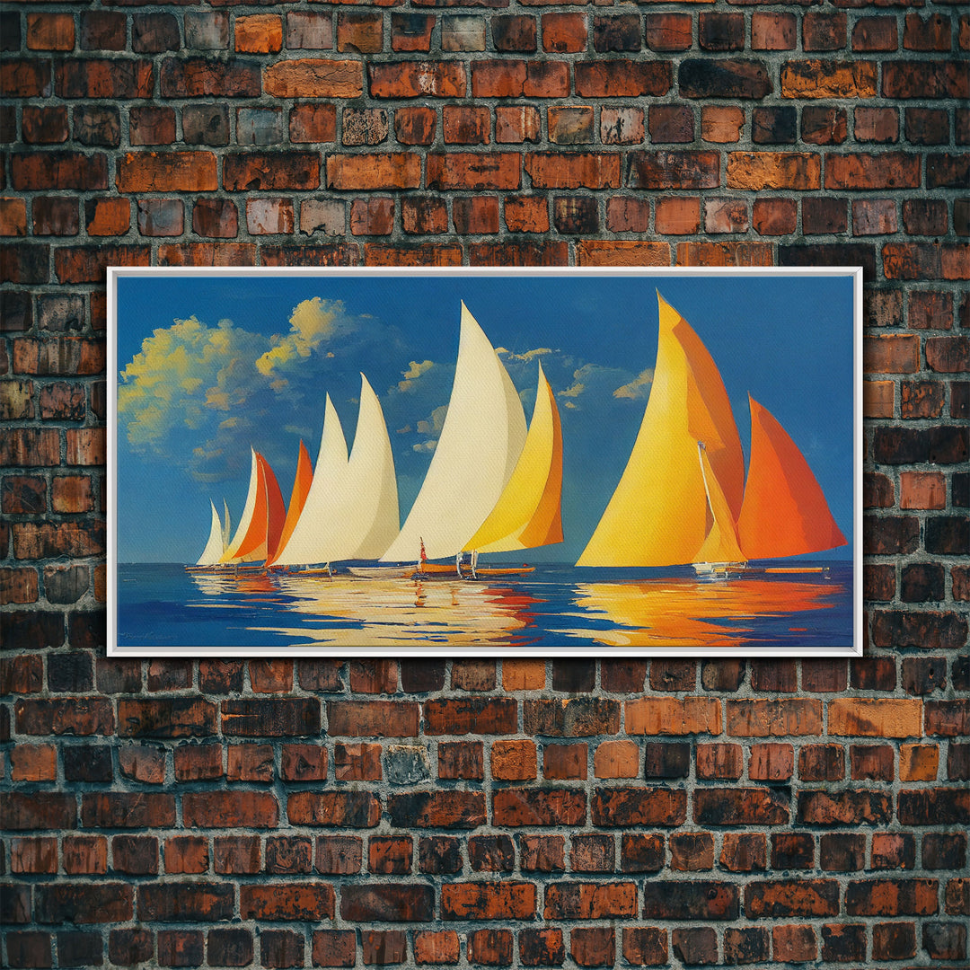 Art Deco Sailboats, Sailing Art, Sailing on the open sea, Wall Decor, Ready To Hang Framed Canvas Print, Oversize Wall Art