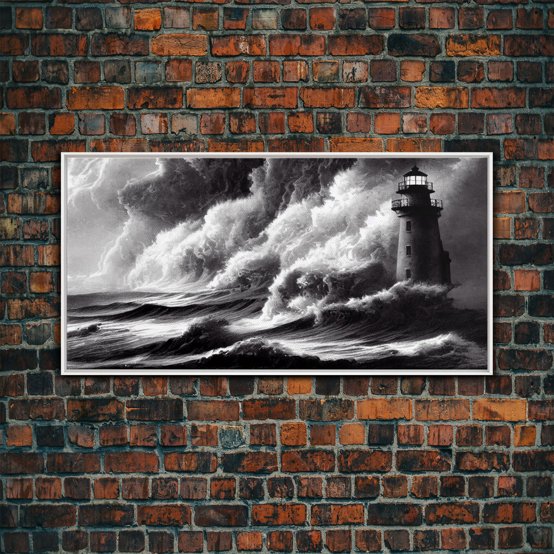 Lighthouse in a storm, black and white, tsunami waves, framed canvas print, ready to hang framed wall art