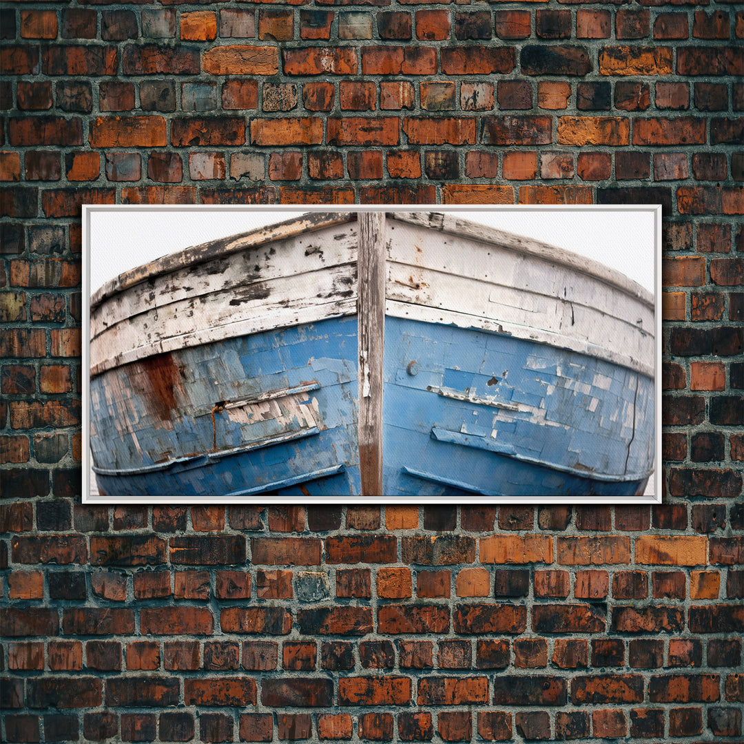 Photo Of An Old Wooden Boat With Peeling Paint, Framed Canvas Print, Nautical Wall Art, Lakehouse Decor