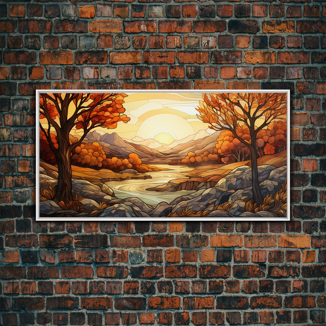 Fall Centerpiece Landscape Painting Canvas Print, Stained Glass Style Art, Stained Glass Wall Art, Autumn Decor, Rustic Fall Art, Fall Decor