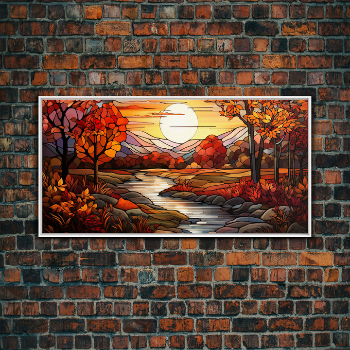 Fall Centerpiece Landscape Painting Canvas Print, Stained Glass Style Art, Stained Glass Wall Art, Autumn Decor, Rustic Fall Art, Fall Decor