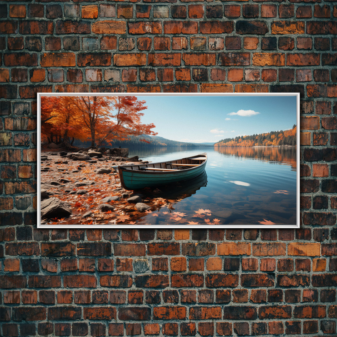 Pacific Northwest Photography Print, Beautiful Lake With Canoe In The Fall, Framed Canvas Print, Photography Decor, Fall Decor