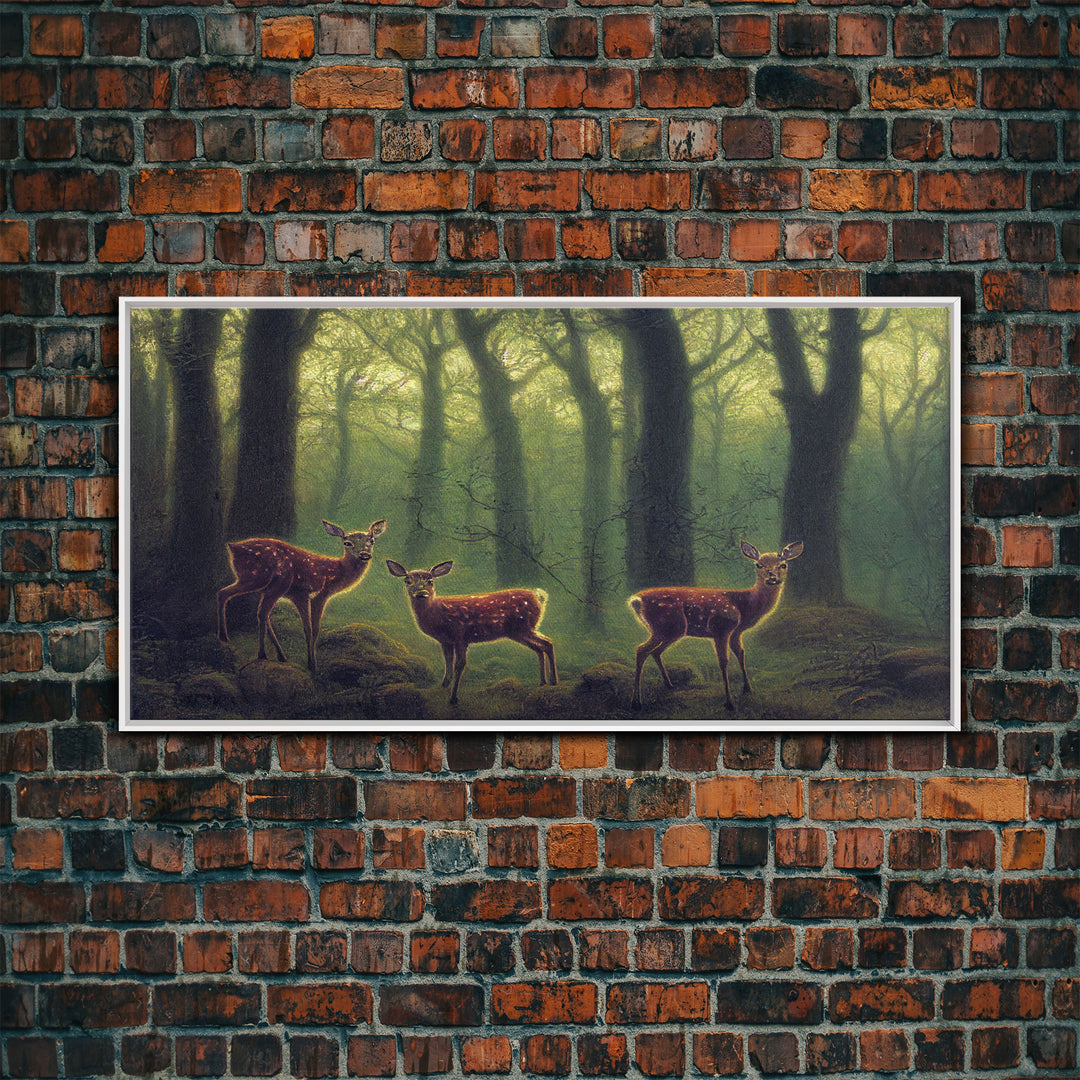 Does in a majestic forest, whitetail deer art, framed canvas print, ready to hang framed wall art