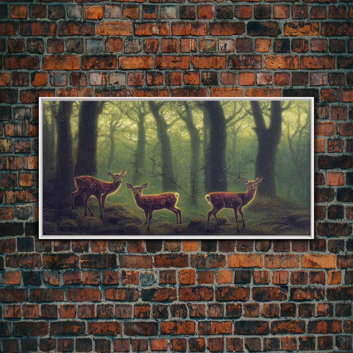 Does in a majestic forest, whitetail deer art, framed canvas print, ready to hang framed wall art