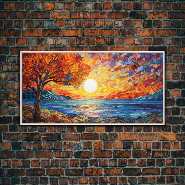 Mosaic Wall Art, Abstract Wall Print, Sunset, Lake Art, Canvas Print, Wall Hanging, Panoramic Art, Dining Room Decor, Realtor Thank You