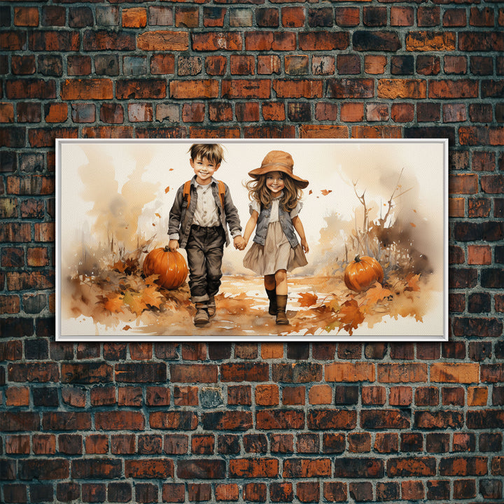 Boy And Girl Holding Hands, Fall Wall Decor, Canvas Print, Wall Hanging, Panoramic Art, Kids Wall Art, Nursery Wall Art, Gifts For Grandma