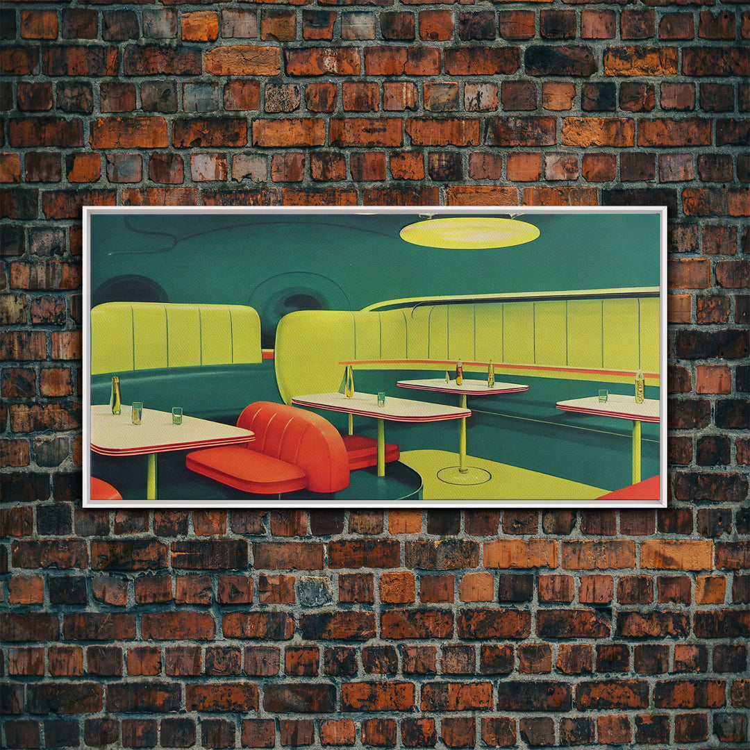 Retro Art, Lime green 1950s style art deco diner, framed canvas print, ready to hang framed wall art