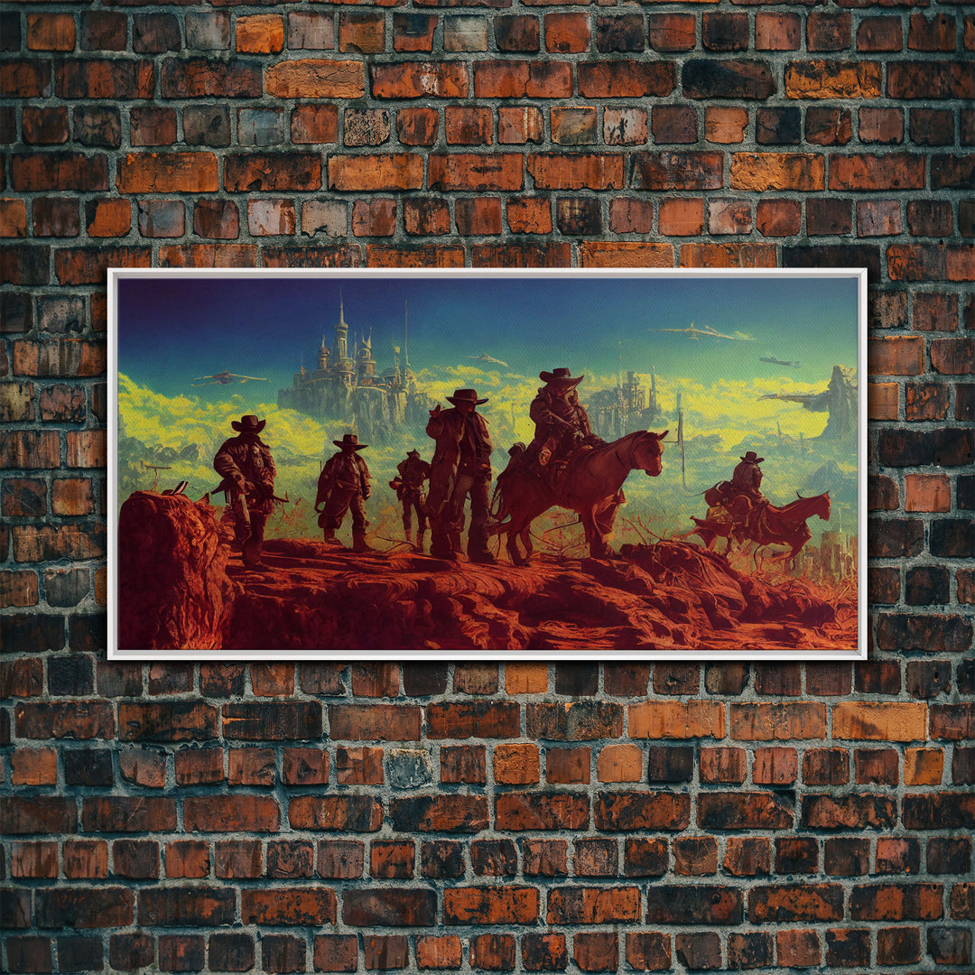 Space Cowboys, Wildwest Scifi Mashup Fantasy Art, framed canvas print, ready to hang framed wall art