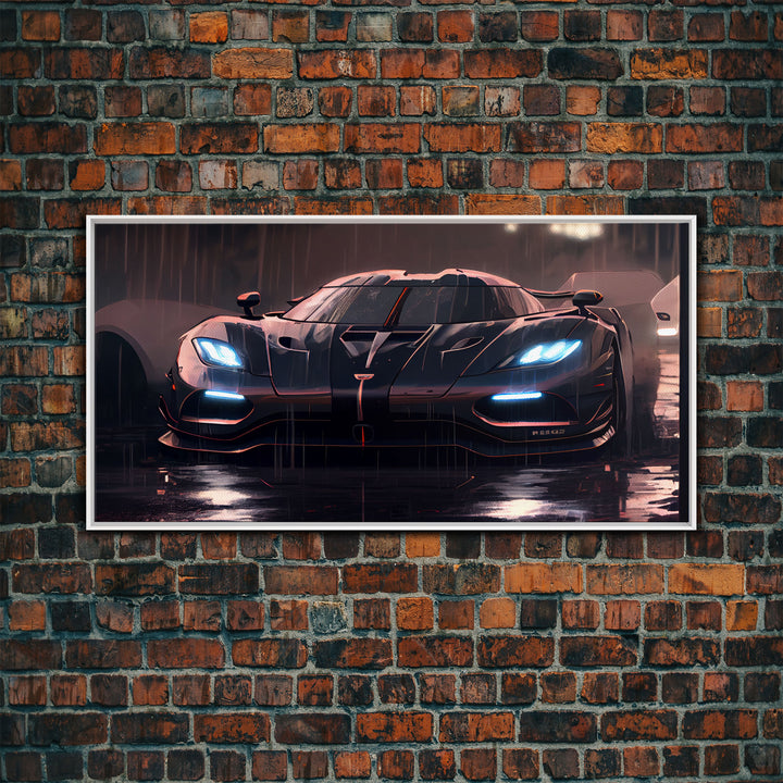 Koenigsegg Agera in the Rain, Supercar Art, Framed Canvas Print