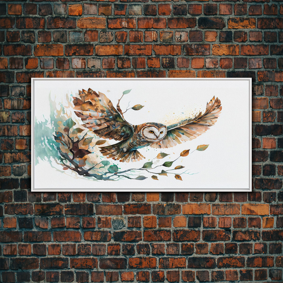 Flying owl with trees, leaves, forest double exposure, nature animal, owl illusion art, wrapped framed canvas print, office wall art