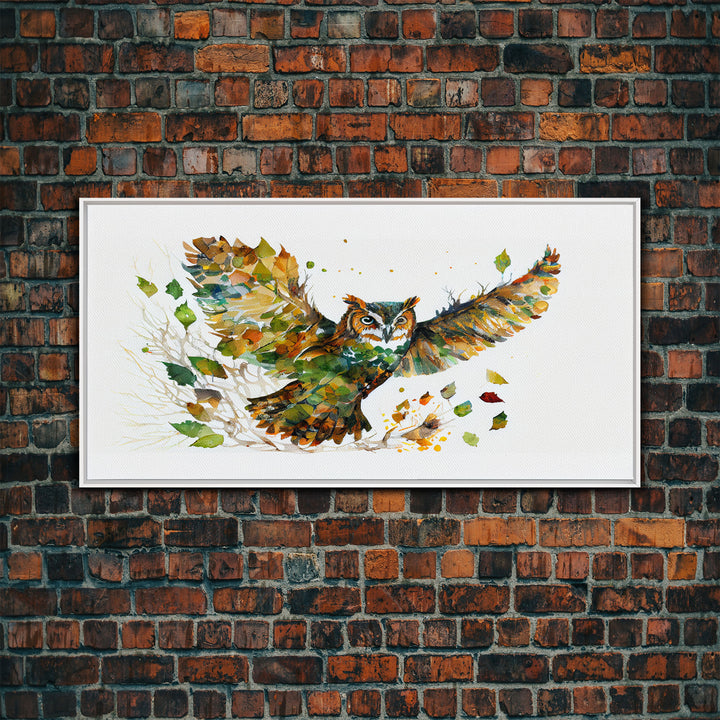 Owl wall art, framed canvas print, owl decor, nature art, owl print, owl painting, owl made of leaves double exposure art