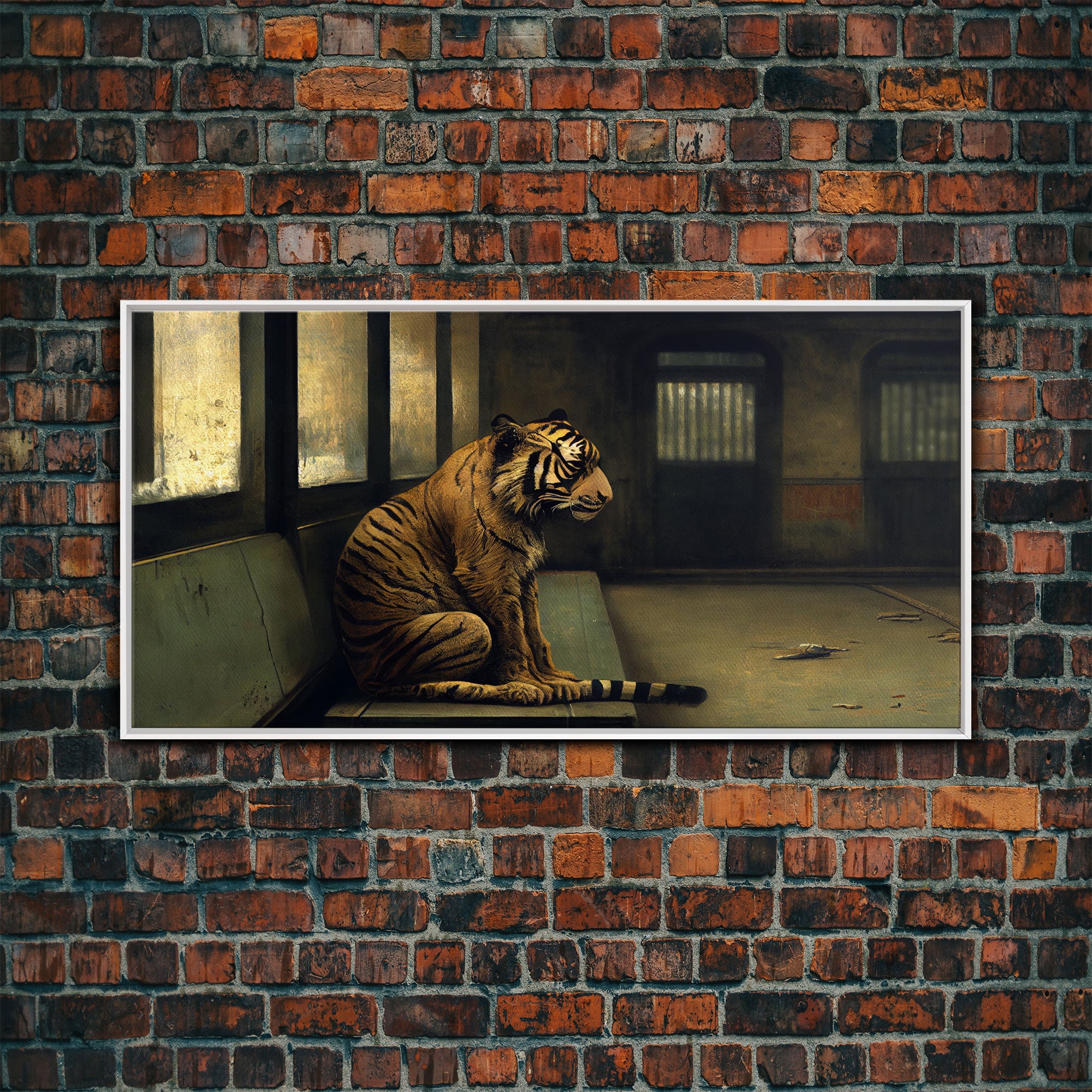 Tiger in a Subway train car, Post-apocalyptic urban decay art, framed canvas print