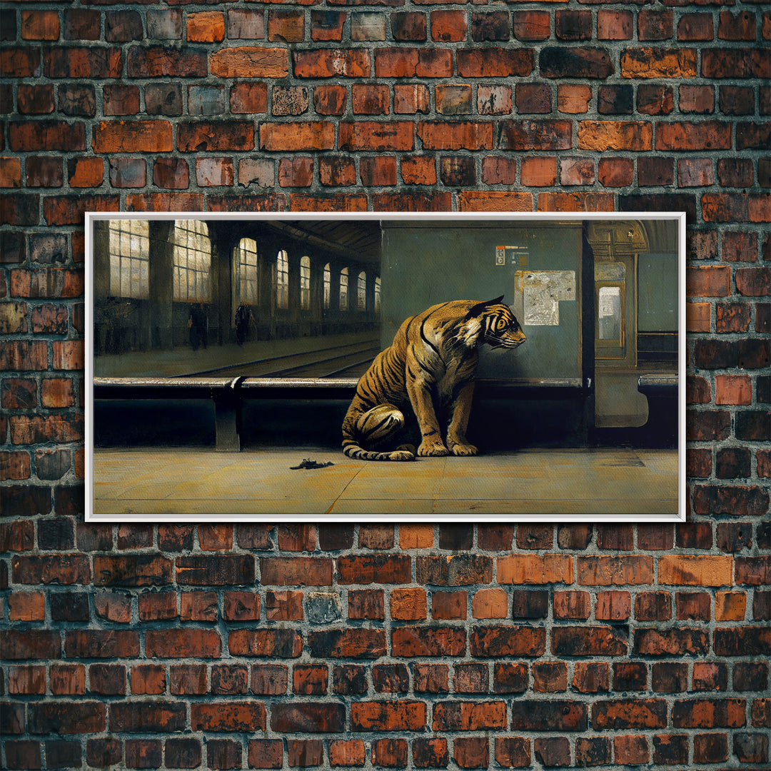 Tiger in a Subway train station, Post-apocalyptic urban decay art, framed canvas print