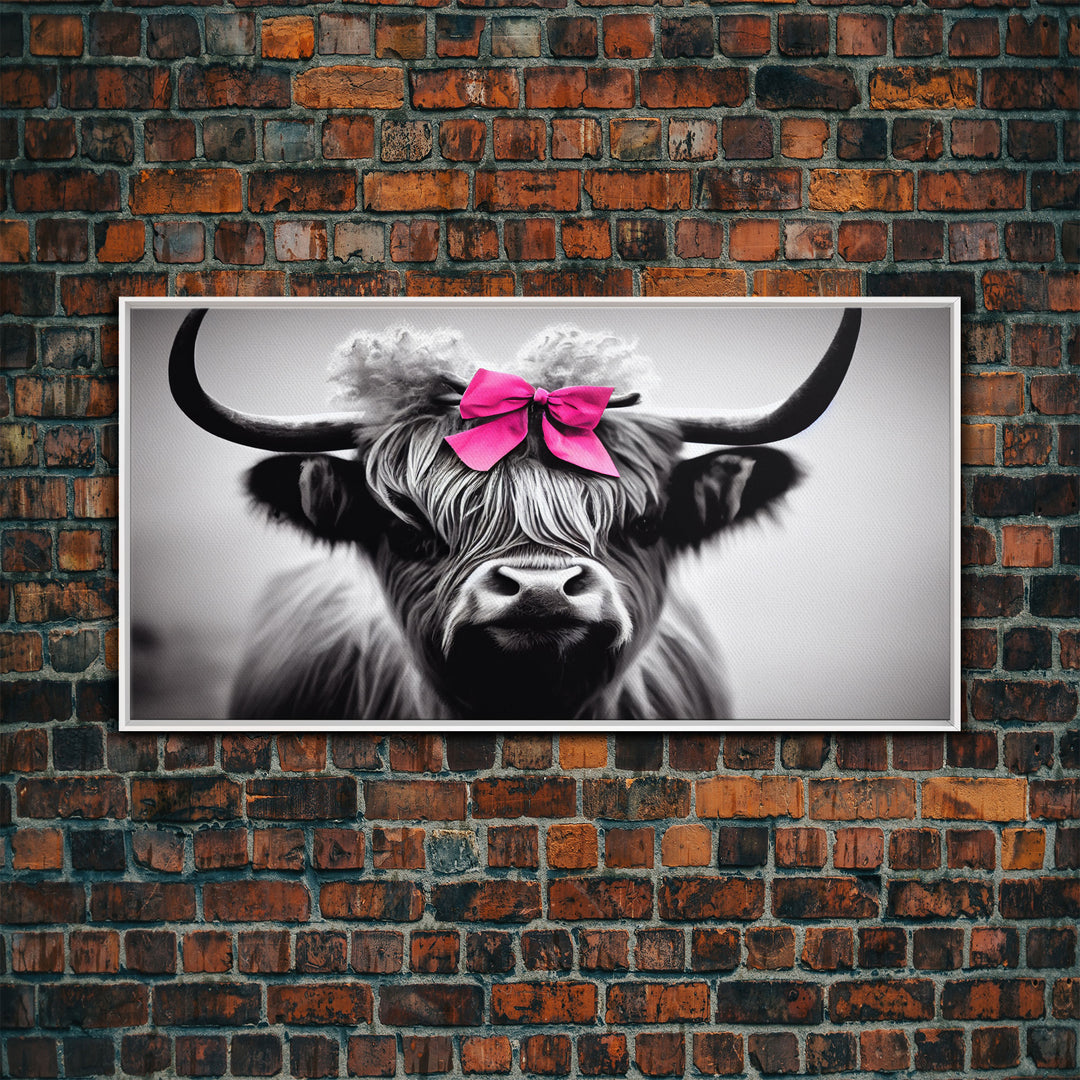 Cute Highland Cow wearing a Bow, Pink Bow on a Cute Cow, framed canvas print, black and white farmhouse cow art