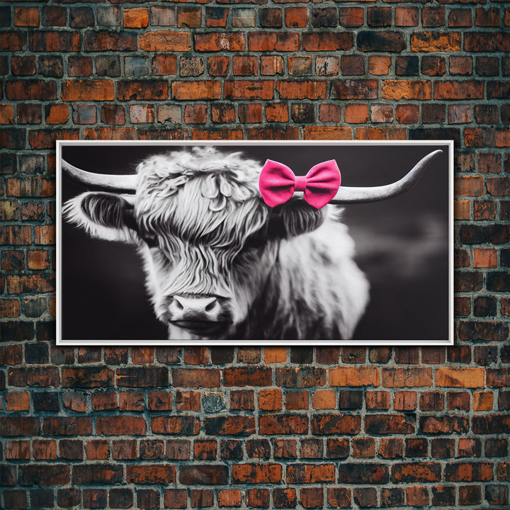 Highland cow canvas wall art, farmhouse decor, black and white cow, cute cow wearing a pink bow, framed canvas print, Scottish cow art