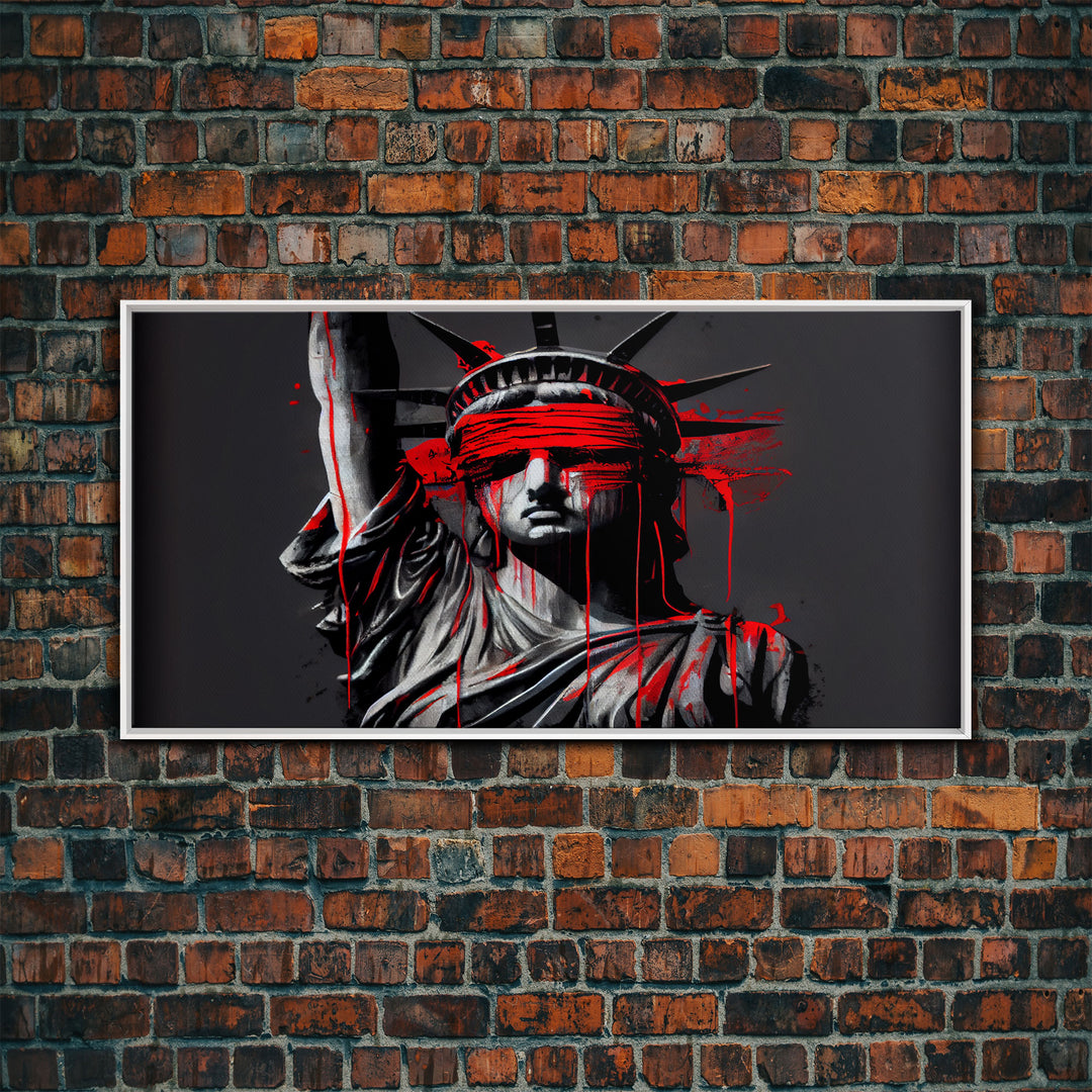 Statue of liberty wearing a bloody blindfold, Dystopian graffiti art, NYC, framed canvas print, pop art Statue of Liberty