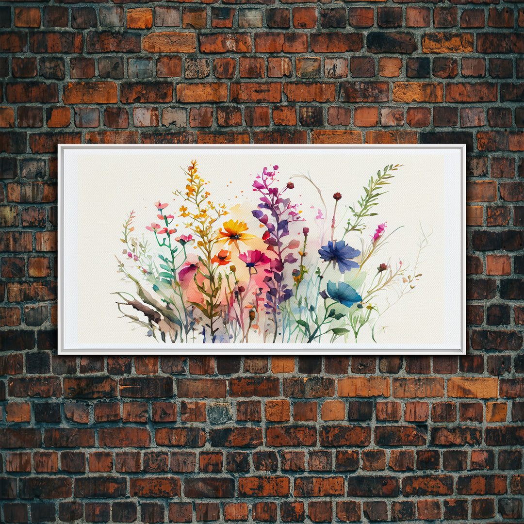 Panoramic Wildflower Canvas Print, Watercolor Flowers, Farmhouse Decor, Meadow Grass, Bedroom Wall Decor, Pastel Colors, Botanical Greenery