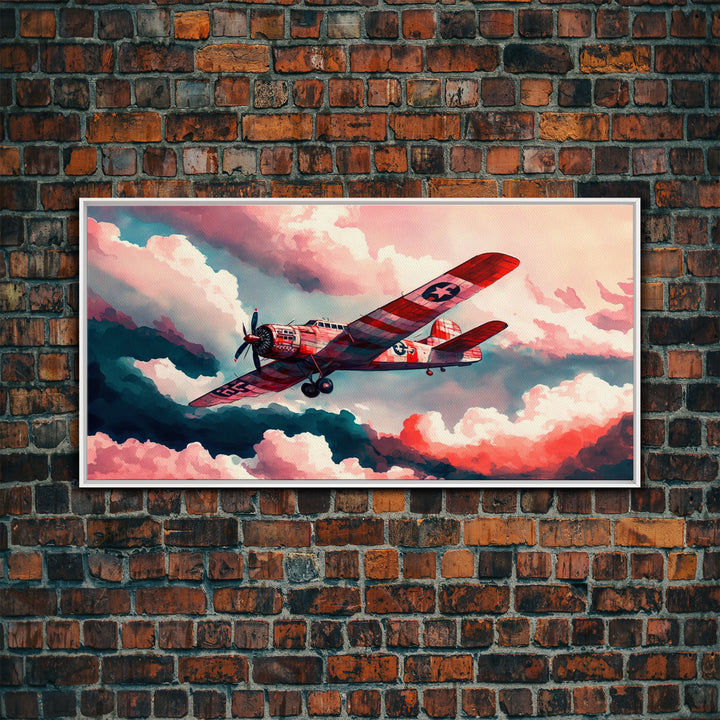 1930s Airplane in Flight, Watercolor, Framed Canvas Print, Home Decor For Pilots, Gift for Airplane Enthusiasts