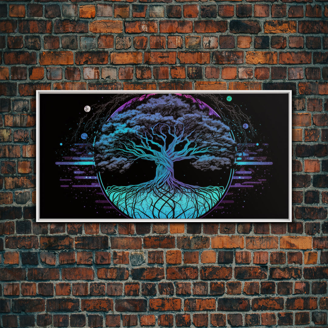 Norse Mythology Art, Synthwave Style Yggdrasil Tree of Life and the 9 Realms, Fantasy Art, Framed Canvas Print, Game Room Nordic Art