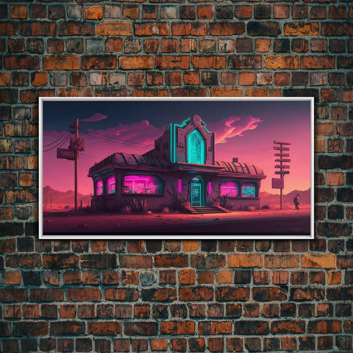 Art Deco Cyberpunk Diner, Wild West Mashup Art, Framed Canvas Print, Neon Art, Wild West Concept Art