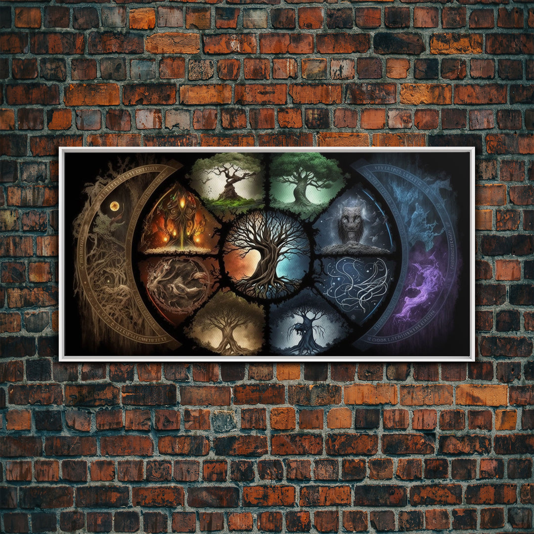 The Interconnected 9 Realms of Norse Mythology with Yggdrasil, Nordic Art, Framed Canvas Print, Nine Realms, Viking Art