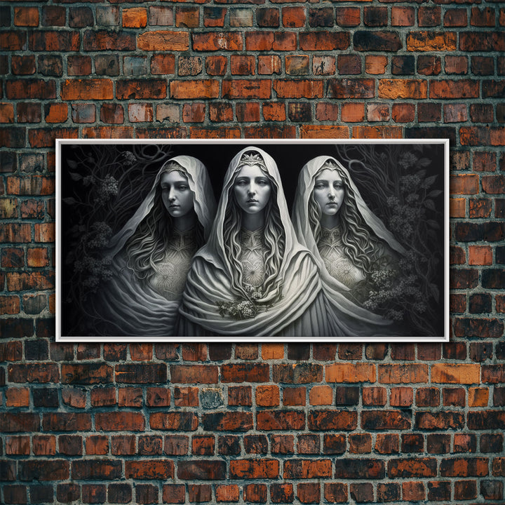 The Norns, Norse Mythology, Weavers of Fate, Framed Canvas Print,  Urðr, Verðandi, and Skuld, Black and White Norse Fantasy Art